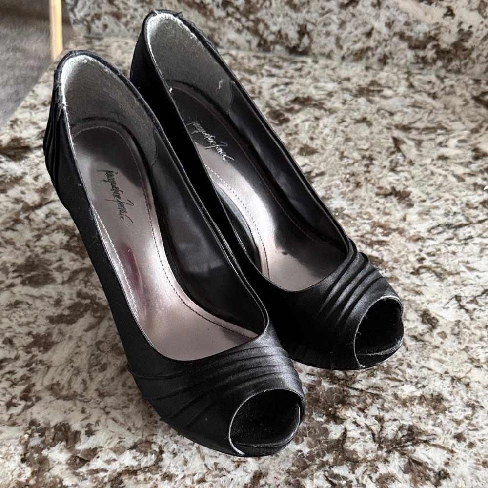 Jacqueline Ferrar Black Satin Peep-Toe Heels